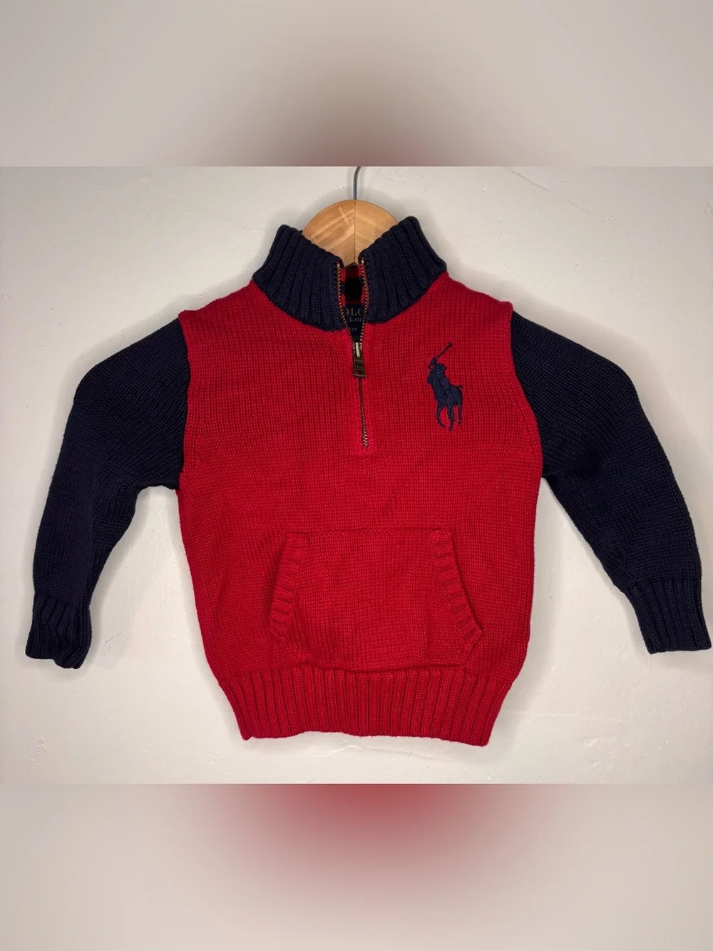 Polo Ralph Lauren Boys 2T Knit Magenta Red Navy Blue Quarter Zip Pony Sweater